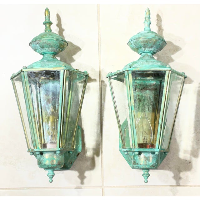 : Pair of Vintage Solid Brass Outdoor Wall Lanterns / 16” High For Sale - Image 10 of 15