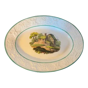 Antique Early 19th Century English Oval Pottery Dish With Cottage Landscape Marked Wilson