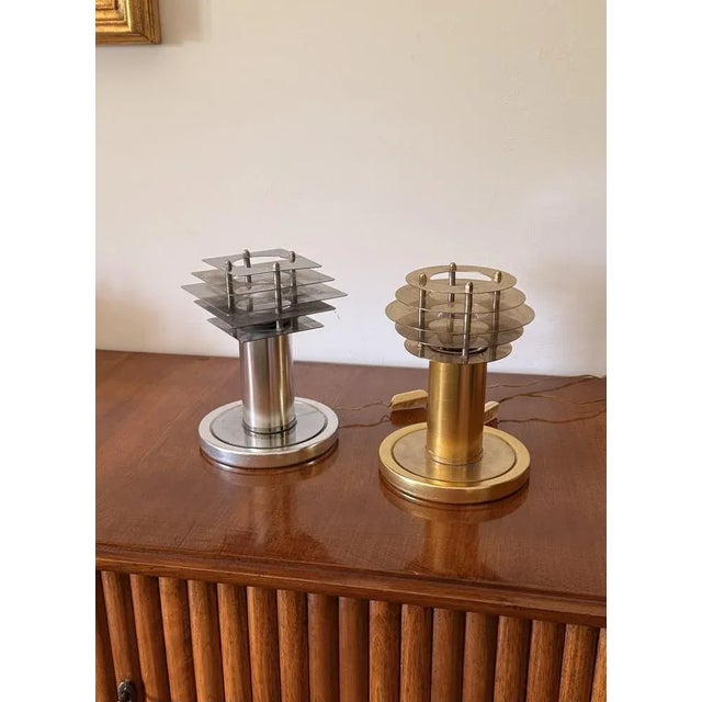 Space age set of 2 table lamp Italy 1970s in the manner of Hans-Agne Jacobsson Chromed plated metal, brass plated H 22 ×...