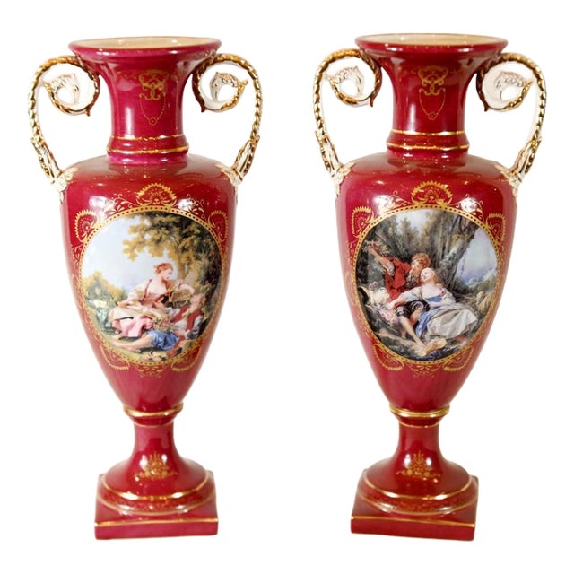 Porcelain Amphora Urns in the style of Sevres, Set of 2 For Sale