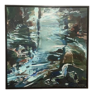 "Breathing Room" Large Blue Brown Abstract Painting Framed by Michele Zuzalek For Sale