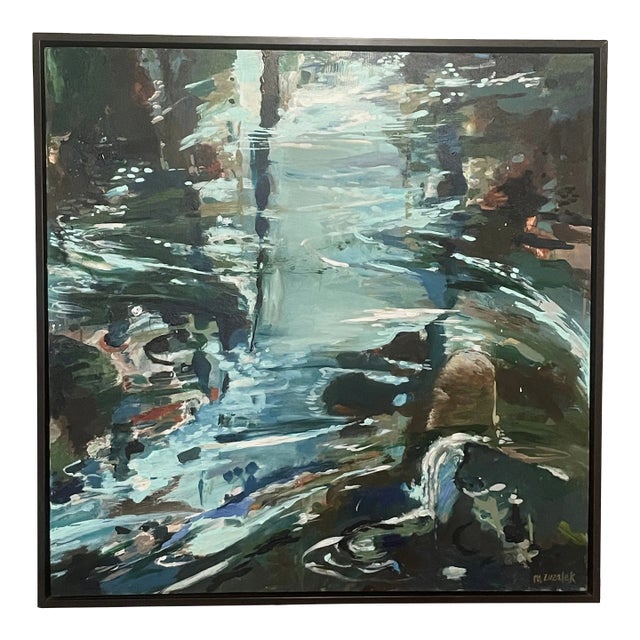 "Breathing Room" Large Blue Brown Abstract Painting Framed by Michele Zuzalek For Sale