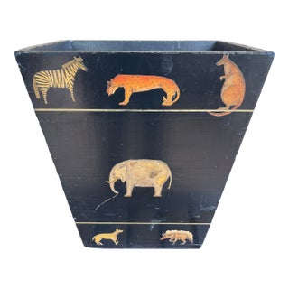 1980s Farmhouse Handmade Usa Decoupage Wood Zebra & Monkeys Wastepaper Basket For Sale