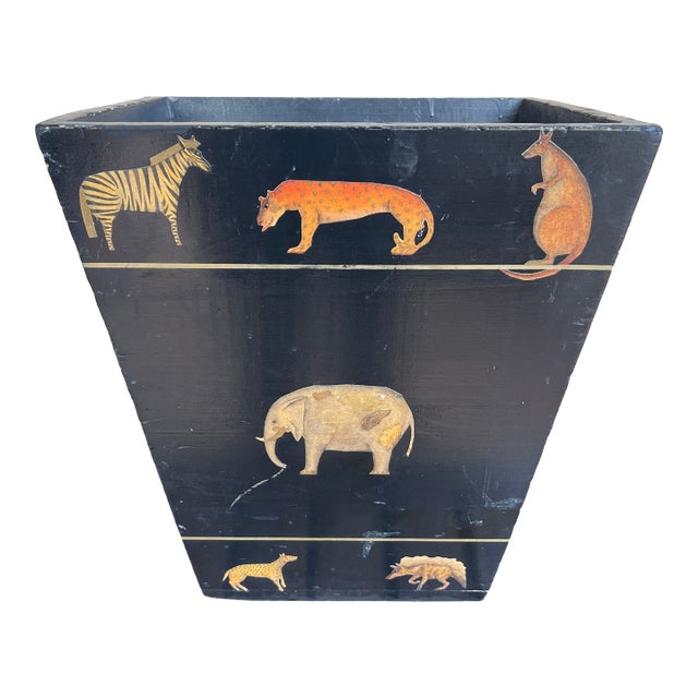 1980s Farmhouse Handmade Usa Decoupage Wood Zebra & Monkeys Wastepaper Basket For Sale