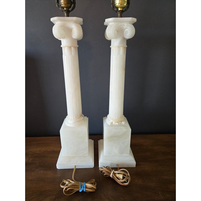 Mid 19th Century Hand Carved Italian Alabaster Neoclassical Column Table Lamps - a Pair For Sale In Phoenix - Image 6 of 18