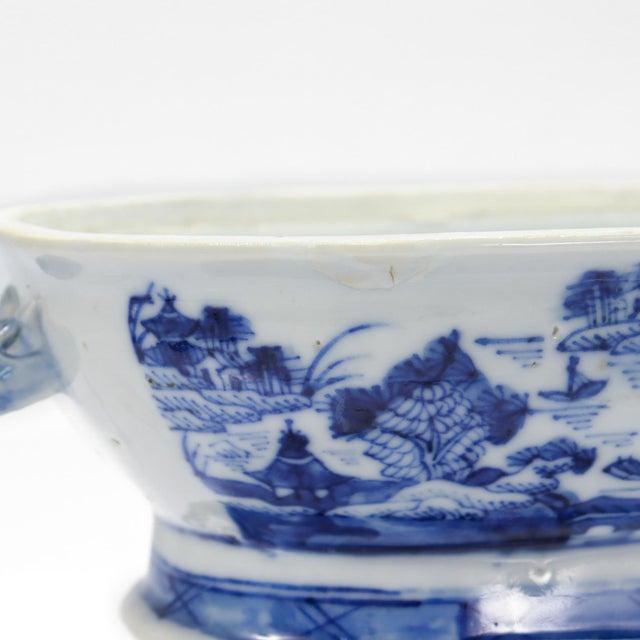 Antique Blue & White Canton Chinese Export Porcelain Miniature Sauce Tureen For Sale - Image 15 of 16