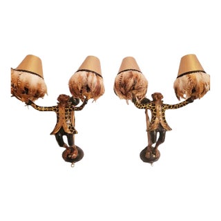Vintage Signed Bill Huebbe Whimsical Flying Monkey Leopard Jacket Feather Shades Wall Sconce Lights Lamps- a Pair For Sale