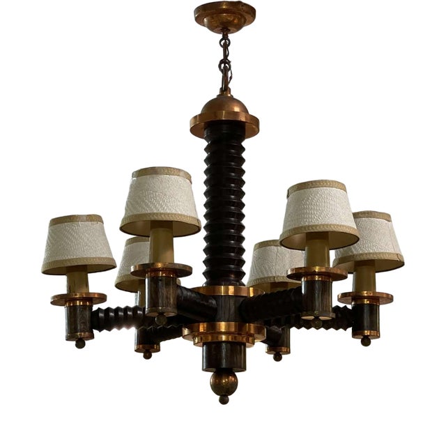 6-Light Oak Chandelier, 1950s For Sale