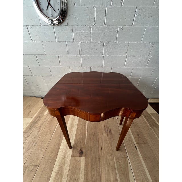 Brown Vintage Hepplewhite-Style Inlaid Mahogany Flip Top Game Card Table For Sale - Image 8 of 10