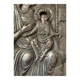 Vintage Large Sterling Silver 950 Mary & Baby Jesus Greek Icon 13” X 20” For Sale