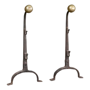 Antique Hand-Forged Gothic Wrought Iron Andirons—A Pair