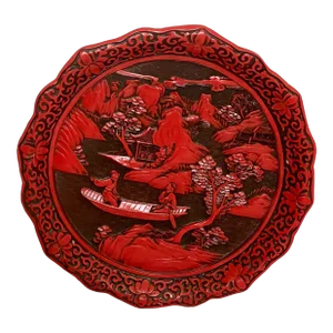 Chinese Hand-Carved Lacquer Red Cinnabar Resin Plate (Boat Scene)