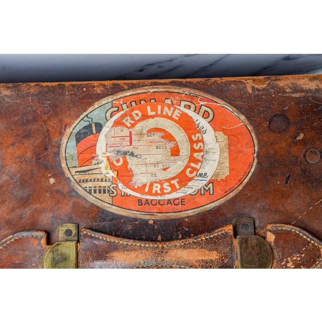 1910s Timeworn Antique English Leather Cunard Label Case Box Home Decor Prop Storage For Sale - Image 5 of 17