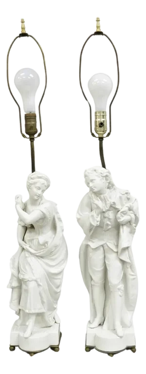 Early 20th Century Victorian White Parian Porcelain Figural Bisque Man and Woman Table Lamps, Pair