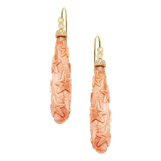 Pink Coral Drops Earrings with Diamonds, A Pair For Sale