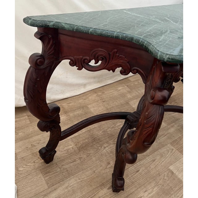 Wood Vintage Victorian Rococo Revival Console Table Carved Mahogany, Green Marble Top For Sale - Image 7 of 13