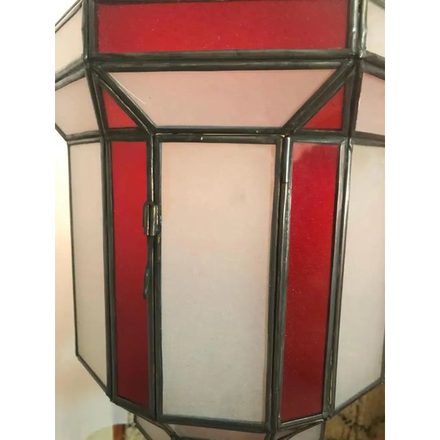 1990s Art Deco-Style White Milk & Red Glass & Bronze Chandelier, Pendant or Lantern For Sale - Image 14 of 18