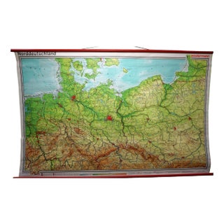 Vintage Northern Germany Poland Seaside Baltic Sea Rollable Map Wall Chart For Sale