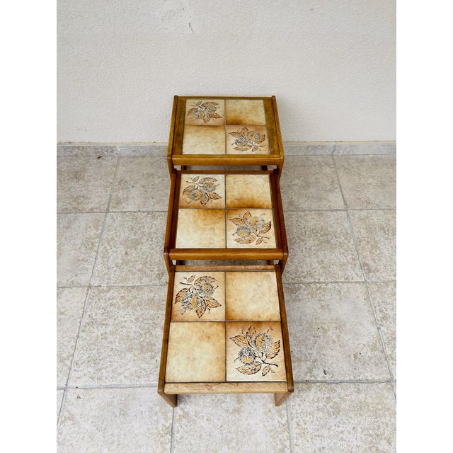 Beige Vintage Nesting Tables in Teak and Earthenware, 1960s, Set of 3 For Sale - Image 8 of 16