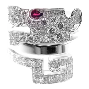 Cartier Le Baiser Du Dragon 18k White Gold Diamond Ruby Ring Paper, size 4.75