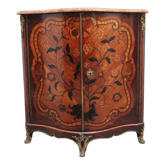 French Inlaid Tulipwood and Marble Top Corner Cupboard, 1700s For Sale