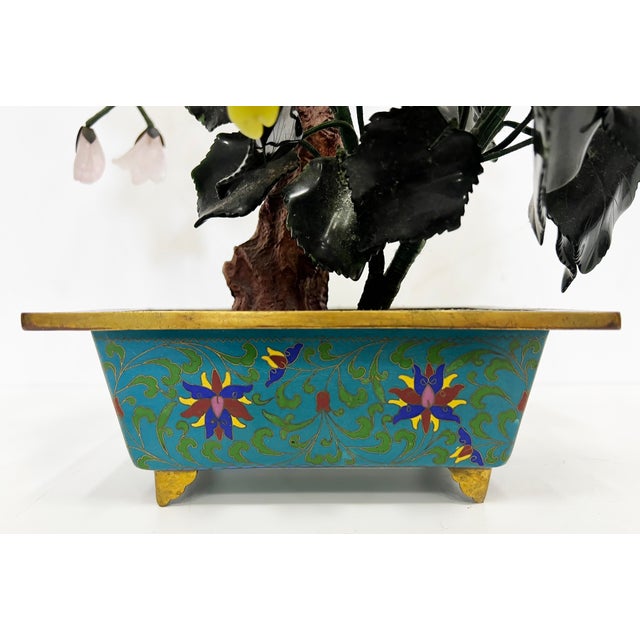 Vintage Chinese Jade Precious Stone Bonsai Tree Sculpture, Cloisonné Planter For Sale In Miami - Image 6 of 12