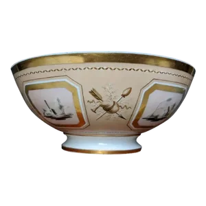 Antique Early 19th Century French Empire Porcelain Bowl Decorated with Trophies and en Grisaille Landscapes