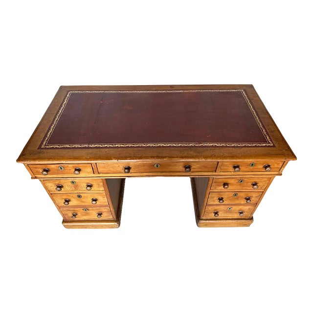 Beautiful 19th Century Country English Pine and Tooled Leather Pedestal Desk For Sale