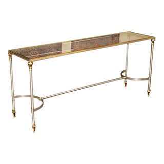 1970s Vintage Italian Directoire Maison Jansen Style Steel & Brass Console Table For Sale