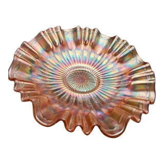 Fenton Marigold 1910 Carnival Art Glass Stippled Rays 3-1 Ruffled Edge Serving Bowl Candy Dish For Sale