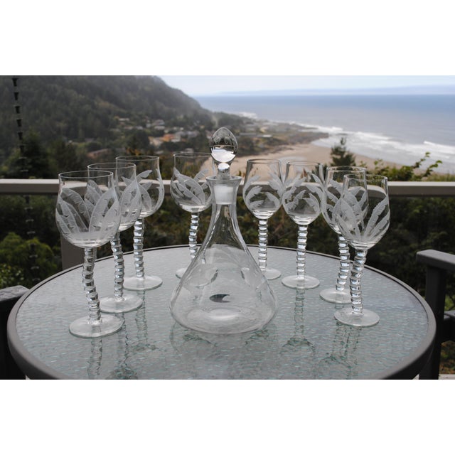 Transparent Palm Tree Etched Wine Carafe and Red & White Glasses Set- 9 Pieces For Sale - Image 8 of 8