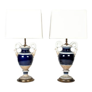 Mid 19th Century Antique Meissen Cobalt Blue Porcelain Lamps - a Pair For Sale