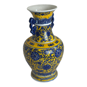 Early 20th Century Chinese Blue + Yellow Porcelain Vase