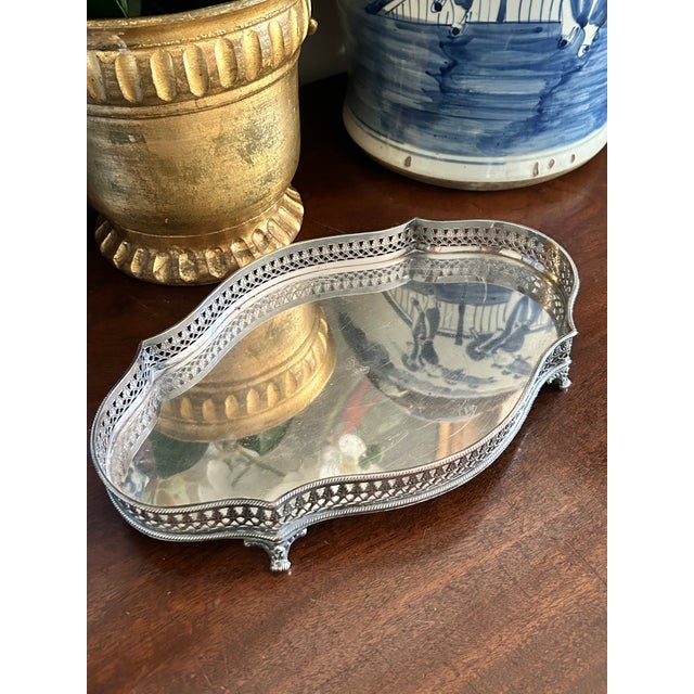 Elegant vintage English silver-plated gallery tray by William Adams, featuring a shaped rectangular form with a delicate...