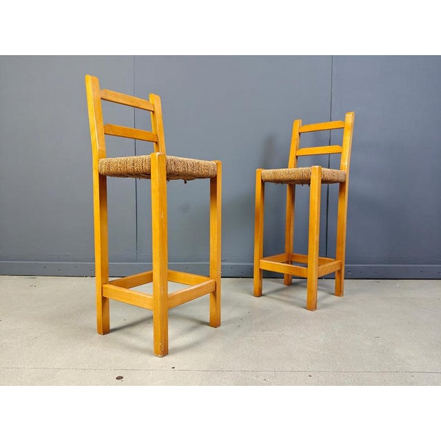 Vintage Oak and Papercord Bar Stools, 1960s, Set of 4 For Sale - Image 6 of 15