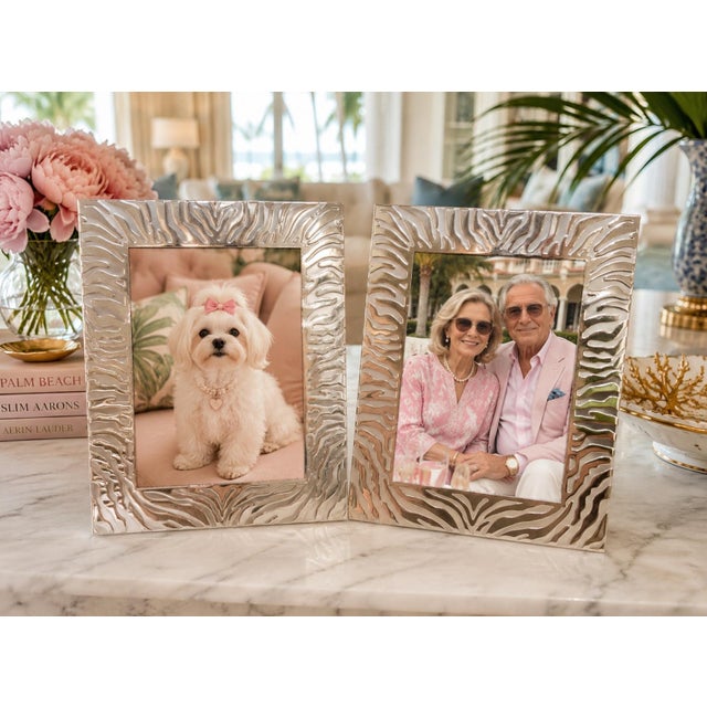 AERIN Pair of Zebra‑Pattern Silverplate Frames, 5.5” X 8” With Velvet Backing. Great for Palm Beach Regency & Grandmillennial Decor - See Pics For Sale - Image 4 of 7