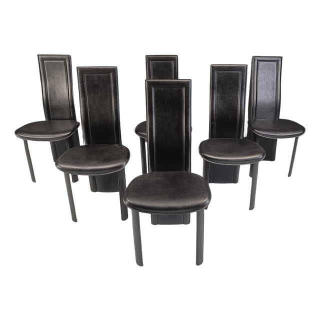 Vintage Black Leather High-Back Dining Chairs, 1980s, Set of 6 For Sale