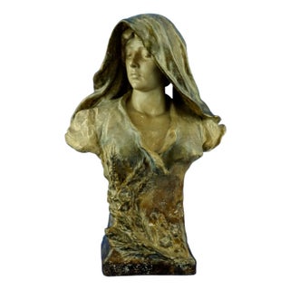 Large 20th Century Terracotta Bust of a Peasant Lady by Ciseau for Goldscheider, Austria For Sale
