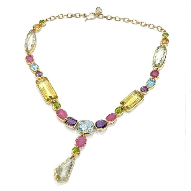 Bochic "Capri" Diamond, Amethyst, Topaz, Citrine & Peridot Necklace in 18K & Silver Green Peridot - 9 Carats Blue Topaz pe...