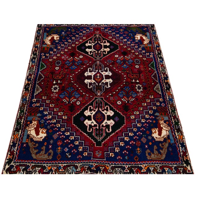 Traditional 1960s Vintage Handmade Shiraz Red Geometric Wool Rug For Sale - Image 3 of 7