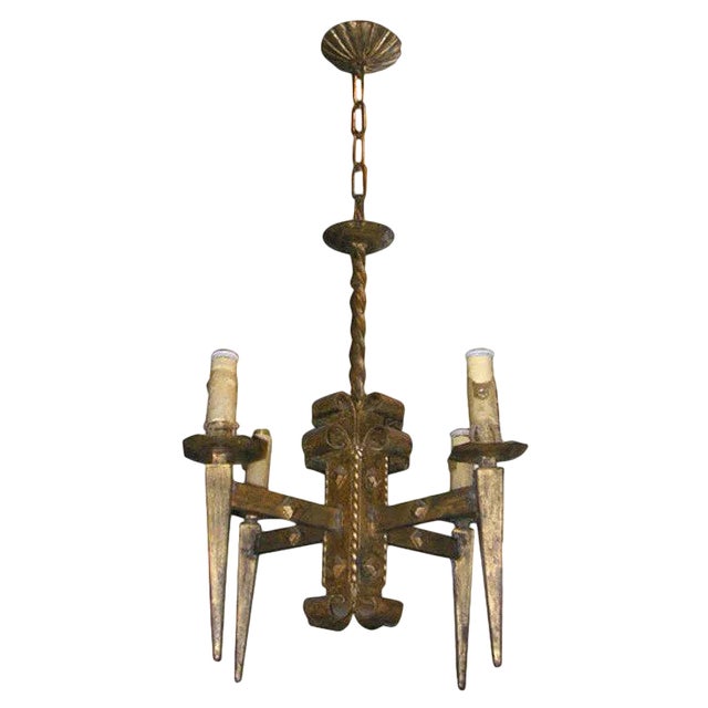 French Gilt Metal Brutalist Style Chandelier For Sale