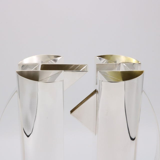 Pair of Silver Interlocking Carafes designed by Mario Botta for Cleto Munari, maker's mark for Rossi & Arcandi, Vicenza...