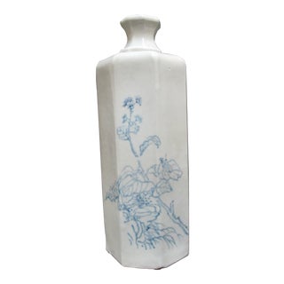 Asian Blue Flower Natural Ceramic Pottery Octagonal Vase Jar, Signed For Sale