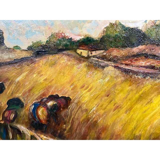 Offering a striking mid-Century (possibly) European oil painting depicting a sun-drenched harvest landscape, with workers...