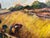 Offering a striking mid-Century (possibly) European oil painting depicting a sun-drenched harvest landscape, with workers...
