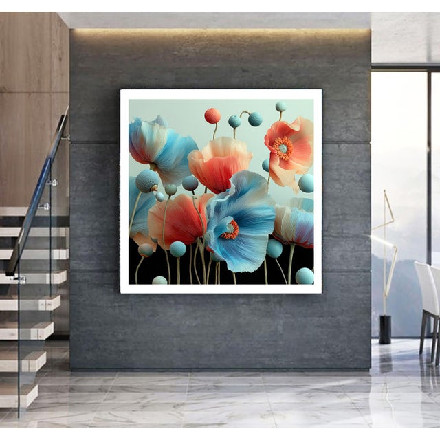 Dreamlike botanical composition featuring oversized pastel poppies in powder blue, coral, and ivory tones, with delicate...