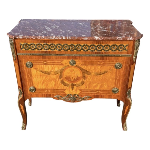 Mid-Century Modern Swedish Gustavian Style Marquetry Commode with Marble Top, 1940s For Sale