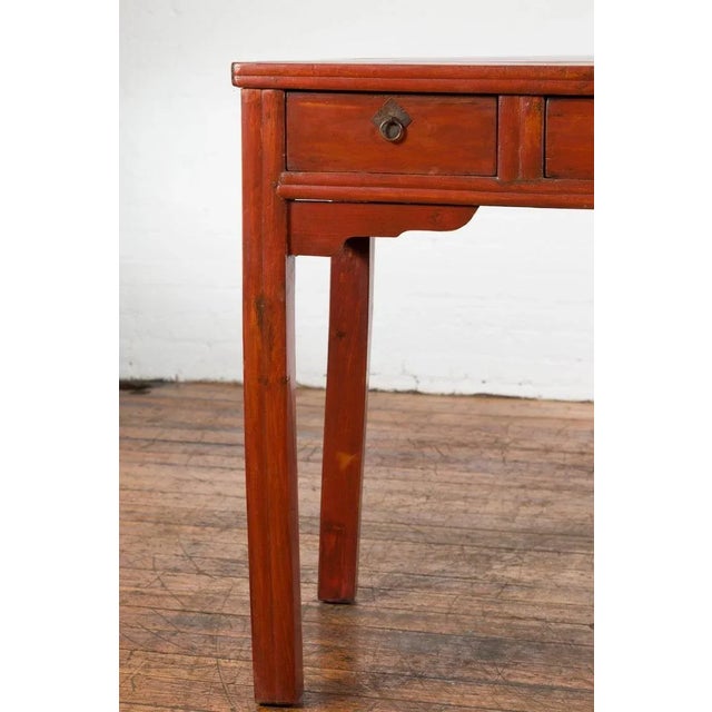 Wood 19th Century Chinese Qing Dynasty Red Orange Lacquered Table with Three Drawers For Sale - Image 7 of 13