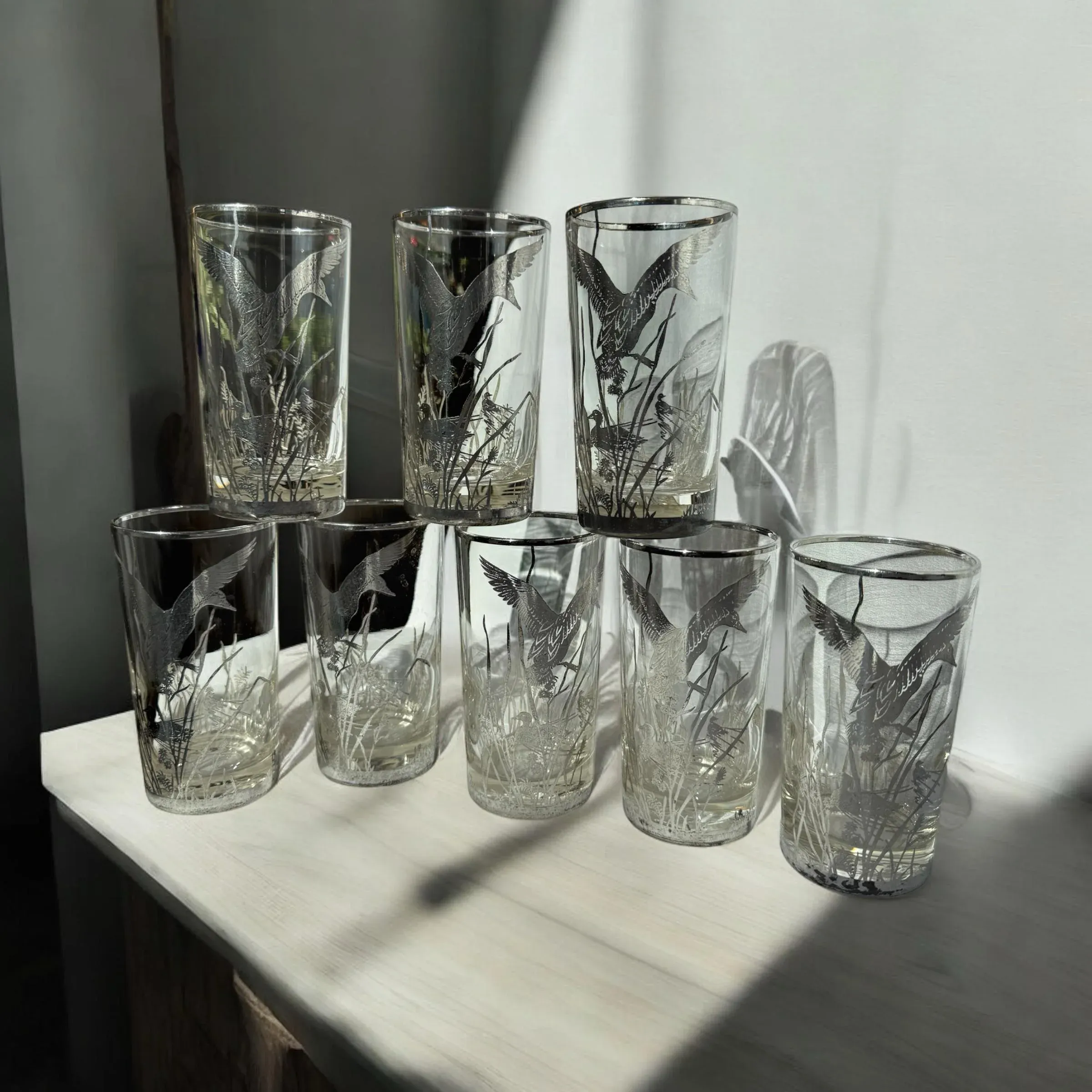 Mid 20th Century Barware Rockwell Silver Glass Ducks & Reeds