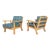 Pair of Ranch Oak Lounge Chairs Reupholstered in Plaid From Pindler For Sale
